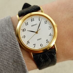 Seiko Spirit 5E21-6000 Vintage Gold Dress Watch White Dial JDM 33mm Unisex Vtg